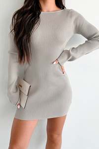 Nuovo autunno su misura maglia grigia a costine girocollo senza schiena a maniche lunghe da donna Mini abiti aderenti Sexy a linea - Product Image 5