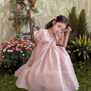 Robe d'été 2026 pour filles à pois en fil perlé, style princesse, manches bouffantes, grande jupe évasée et moelleuse - Product Image 2