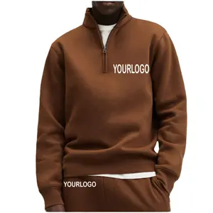 Mode Baru Musim Gugur Hangat Ritsleting Quater Hoodie Pria Polos Oranye Pullover 1/4 Ritsleting Corong Leher Kaus