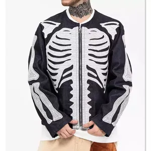 Custom Motif Factory High Quality Fashion Winter Streetwear Jacket Skeleton Pattern Vintage Zipper Up Men Denim Jacket