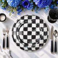 Assiettes à dîner en céramique peintes à la main, motif à carreaux noir et blanc, vaisselle artistique pour la maison, le restaurant, les banquets de mariage