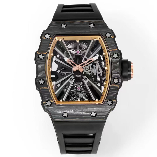 Ultimate Edition 12-01 Gold Carbon TPT Tourbillon Skeleton Tonneau 3BAR Hand Wind Wristwatch Men's Sport Timepiece Watch