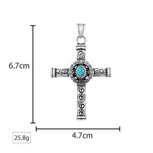 Colgante de Cruz Personalizado de Acero Inoxidable, Joyería Retro Vintage, Colgante de Piedra Turquesa Natural, Collar con Cruz Cristiana para Hombre - Product Image 6