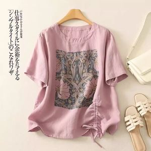 White Cotton <b>Linen</b> Printed Short Sleeve <b>Top</b> With Drawstring Loose Fit Casual Women's <b>Plus</b> <b>Size</b> Summer T-Shirt - Product Image 4
