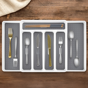 Organisateur de tiroir à couverts extensible en acier inoxydable, 7 compartiments, plateau à couverts simple réglable, tapis antidérapant, pour salon - Product Image 2
