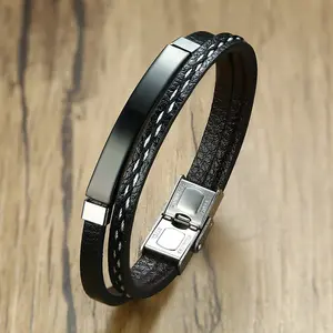 Custom Engraving Name Logo Vintage Stainless Steel Multi Layer Pu Leather Braided Bracelet For Men