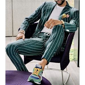 运动风格绿色条纹缺口翻领男装套装2件新郎结婚礼服Terno男性化舞会夹克 + 裤子 - Product Image 1