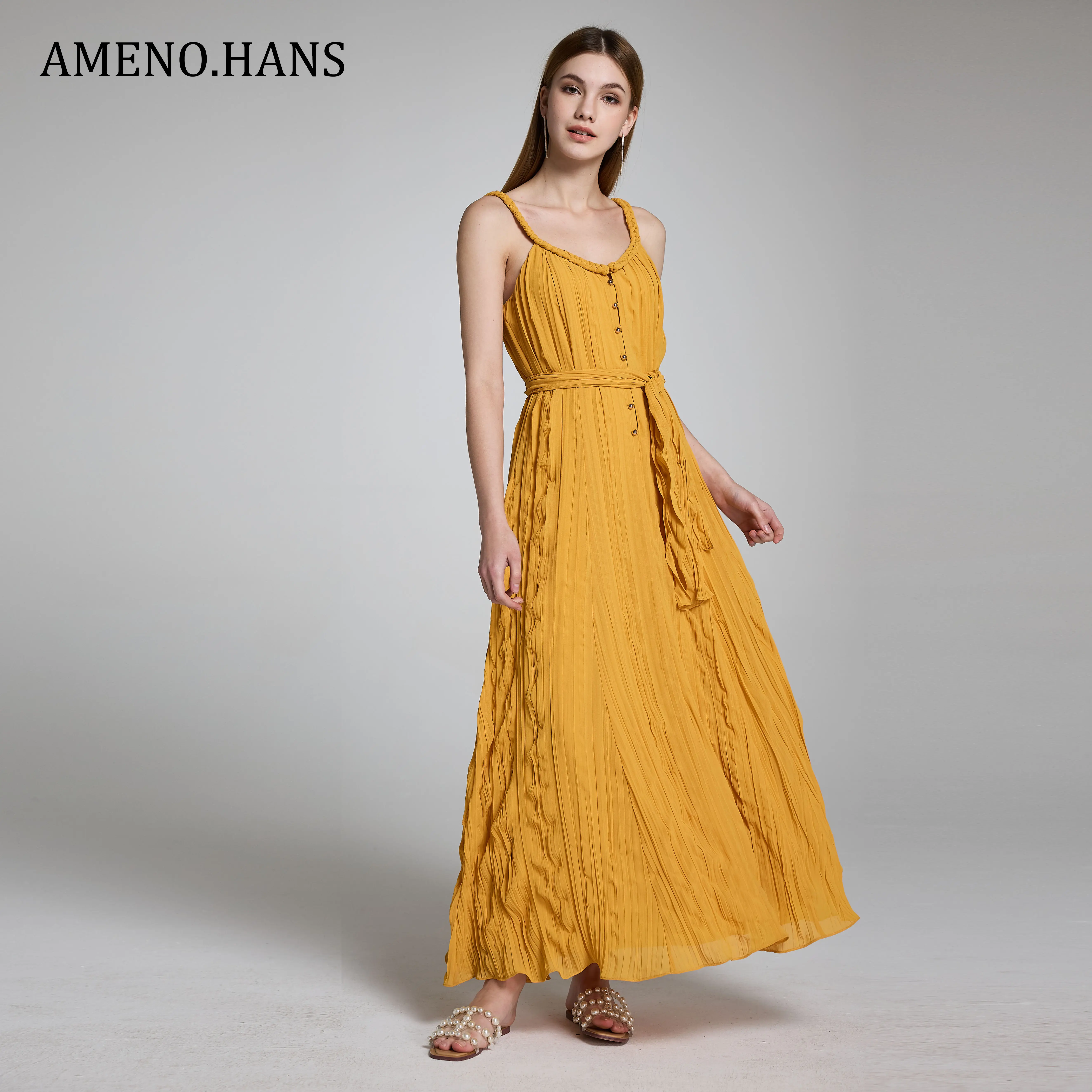 Custom High Quality Ladies Pleated Casual Summer Solid Color Sashes Sundress Beach Maxi Dresses