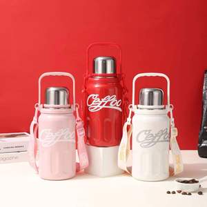 Ceffoo Stainless Steel Vacuum Flask Pink Red White Color With Handle And Strap - Product Image 1