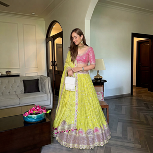 Custom <b>Ladies</b> Heavy Heavy Border Bandhej Lehenga Choli Olive Lime Green Silk Lehenga Pink Embroidered <b>Blouse</b> Designer Set - Product Image 1