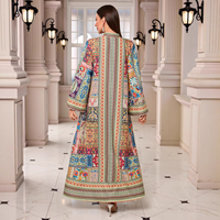 Abaya élégante en polyester à col montant, imprimé géométrique ethnique, coupe ample, longue, pour femmes musulmanes, Aïd Ramadan