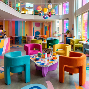 Silla de terciopelo colorida con detalles en terrazo, mesa octogonal irregular estilo Pop Art arcoíris para cafetería, restaurante y panadería - Product Image 2