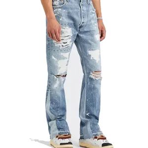 Slim Flare Panel desgastado patchwork Jeans Hombres Bootcut Skinny Jeans Pantalones Diseño personalizado Hombres Venta al por mayor Ropa de moda