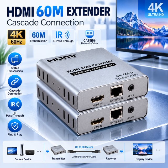 4K 60Hz HDMI Extender 60M Over Cat5e Cat6 HDMI 2.0 to RJ45 Transmitter Receiver TX RX Video Extension for TV Monitor