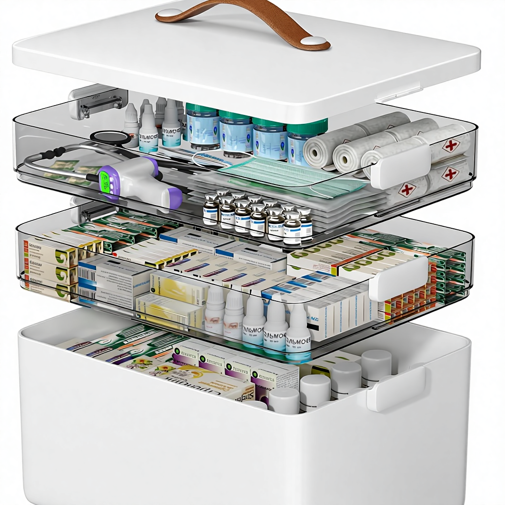 ZJH 3-Tier Rectangle Plastic Medicine Organizer-Portable Medicine Cabinet with Leather Handle Empty First Aid Kit for Home