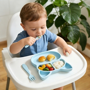 Set de Alimentación para Bebés de Silicona de Grado Alimenticio - Diseño Moderno con Patrón de Dibujos Animados, Plato Dividido No Tóxico, Apto para Microondas y Lavavajillas - Product Image 1