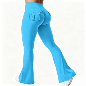Women High Waist Elastic Waist Flare Yoga <b>Pants</b> with Back Pockets <b>Butt</b> <b>Lifting</b> Quick Dry Workout Leggings - Product Image 4