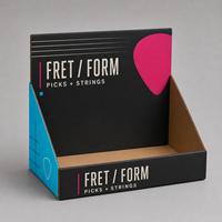 Boîtes de présentation PDQ en carton recyclable écologique avec pelliculage mat pour comptoir, promotion de packs de cordes de guitare et médiators, vente au détail