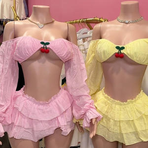 King mcgreen ชุด2ชิ้นเสื้อแขนยาวผู้หญิงเชอร์รี่สุดเซ็กซี่กระโปรงสั้นอัดพลีทเอวต่ำเสื้อผ้า Y2K โลลิต้าชายหาดฤดูร้อน - Product Image 4