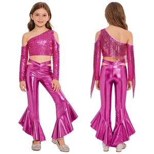 Conjunto Brillante para Niñas de 6 a 16 Años, Top Corto y Pantalones Metálicos con Volantes y Campana, para Baile, Actuaciones y Salidas Casuales - Product Image 2