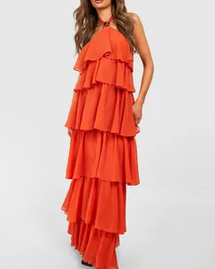 Individuelles neues meistverkauftes Damen-Chiffon-Kleid orange ärmellos V-Ausschnitt Krawatte Maxi-Kleid Sommerkleider Damen lässig