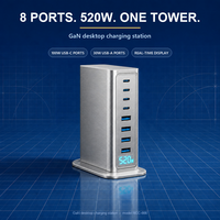 Chargeur GaN 8 ports 520W, hub USB de bureau, 4C PD100W Super Rapide, 4A QC30W, affichage visuel, pour MacBook Dell Lenovo