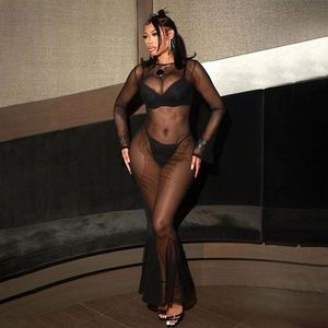 Tops <span class=keywords><strong>de</strong></span> manga larga para mujer con malla transparente Patchwork suéter inferior <span class=keywords><strong>de</strong></span> lana para Night Club Style Midnight Wear - Product Image 2