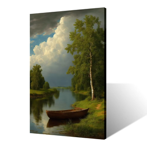 Quadro su Tela Classico con Lago e Barca a Remi, Acqua Calma, Cielo Drammatico, Foresta Verde, <span class=keywords><strong>Realismo</strong></span>, Natura, Decorazione per Casa e Ufficio - Product Image 2