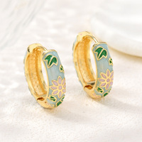 Anting-anting Huggie Enamel Bunga Lotus Boho Vintage JS08 Berlapis Emas Pola Daun Bunga Warna-warni Penjepit Telinga Sehari-hari