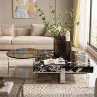 Table basse contemporaine extensible à hauteur réglable, plateau en marbre, structure en métal, montage facile, design léger pour salon