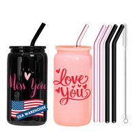 Usa Magazijn Valentijnsdag Cadeau 16Oz Roze Zwarte Sublimatie Blanco Bier Blikje Bekers Met Plastic Deksel En Stro