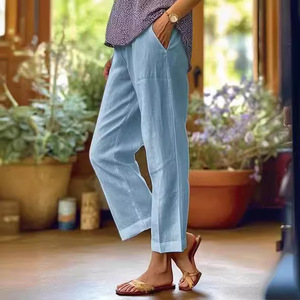 Nouveau pantalon décontracté droit pour femme en coton et lin, taille élastique régulière, teint uni, style simple et tendance pour l'automne - Product Image 4