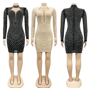 X Stok Glitter Rhinestone Vestido de manga larga Ut Out Mok Nek <span class=keywords><strong>Asual</strong></span> Mini Vestidos cortos Lothing de mujer - Product Image 2