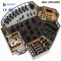 Équipement de gym commercial complet, directement de l'usine, pour club de fitness de 400 m², entraînement musculaire et cardio.