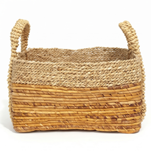 Handwoven <b>Rectangular</b> Two-Tone Seagrass <b>Storage</b> <b>Basket</b> with Handles, Natural Wicker Organizer Bin for Shelf and Living Room - Product Image 1