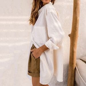 Chemise à manches longues en lin surdimensionnée de couleur unie pour la plage, nouvelle vente chaude, fabrication sur mesure - Product Image 4