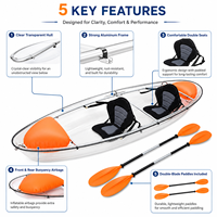 Kayak transparent de 11 pieds pour 2 personnes, canoë à fond transparent en polycarbonate avec cadre en aluminium pour les excursions en station balnéaire