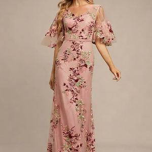 Robes sur mesure pour femmes, <span class=keywords><strong>rose</strong></span> clair, bordeaux, broderie <span class=keywords><strong>rose</strong></span>, manches bouffantes, col en V, détail découpé, tulle transparent, robes élégantes et formelles - Product Image 3