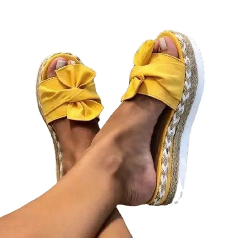 Harga Pabrik Busur Bunga Sandal Pantai Potongan Miring Tali Rami Tenun Plus Sandal Wanita Suede Sandal Hak Atas