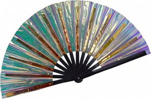 <b>Large</b> 33Cm Pvc Cool Holographic Iridescent Reflective Folding Bamboo Hand <b>Fans</b> Painted With Rave Technique - Product Image 6