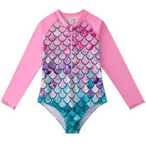 Biquíni de praia com zíper de manga comprida para meninas, biquíni personalizado com estampa de balanço de peixe, roupa de banho infantil fofa de uma peça