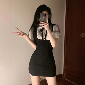 Sweet And Spicy Girl School Style Faux Two Piece Dress 2025 Summer Salt Style Slimming Puff Sleeve Bodycon Mini Skirt For Women - Product Image 1