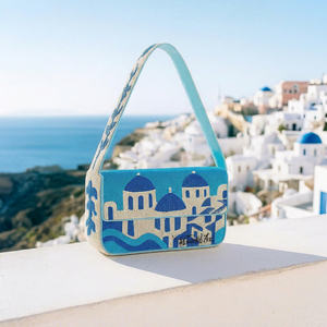 Sac rectangulaire bleu et blanc fait main avec broderie d'architecture grecque, en polyester et coton lavable, souvenir - Product Image 1