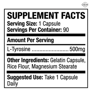Cápsulas de Aminoácido L-Tirosina 500mg OEM, 90 Unidades, Suplemento Dietético, Marca Privada - Product Image 2