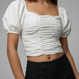 Vietnam Manufacturer Women's White Ruched Crop Blouse Square Neck <b>Balloon</b> Sleeve Short Sleeve Solid Cotton - Product Image 1