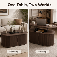 Table basse relevable avec rangement, table centrale ovale moderne en bois cannelé pour salon, appartement, meubles multifonctionnels