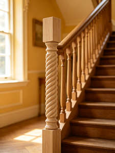 Balustre d'escalier traditionnel en bois massif EFS avec design torsadé pour rampes et mains courantes, fixation au sol - Product Image 1