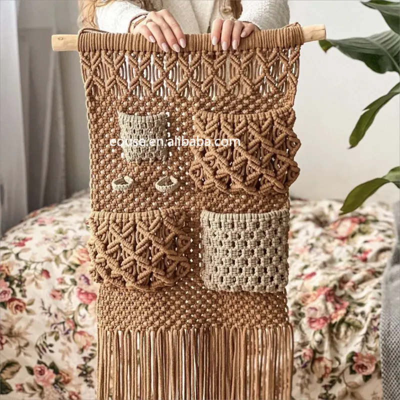 Bolsa de armazenamento de tapeçaria de algodão para decoração de casa boho artesanal Macrame