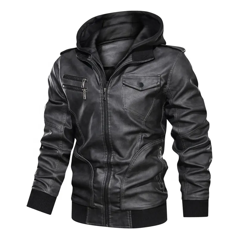 Wholesale Winter Coat for Men Outdoor Standing Collar Hooded Trendy Pu Leather Jacket Winter Coat for Men