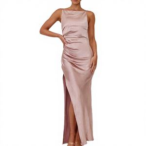 Vente en gros Printemps-Été 2025 – Robe décontractée simple brodée, tissée, couleur unie, écologique, respirante, sexy, dos nu, fendue, sans manches - Product Image 3